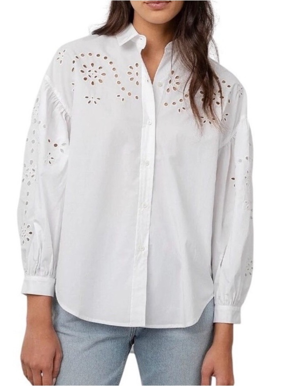 Rails Alister Embroidered Poplin Button Front Blouse with Eyelet Details, Size M